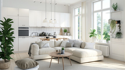 Bright Minimalist Living Room with Open Kitchen and Cozy Scandinavian Decor