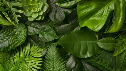 Fototapeta premium Close-up of a variety of foliage textures and shapes, displaying the intricate patterns of different green plants