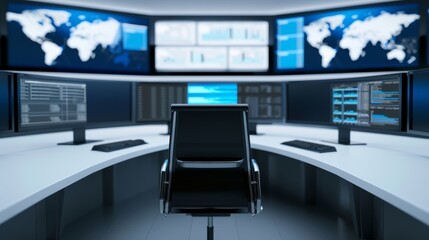 Fototapeta premium Computerized control room with advanced monitors, holographic interfaces, and a central AI core managing the system
