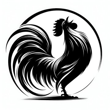 Black and white silhouette of a rooster inside a circle. Featuring the iconic crowing bird with its intricate comb, this minimalist design uses negative space for a clean, two-dimensional look
