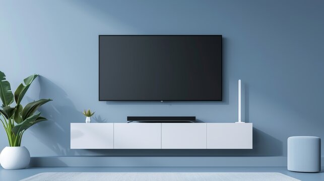 Cutting-edge home entertainment system setup with a floating TV stand, concealed cables, and a stylish, minimalist aesthetic
