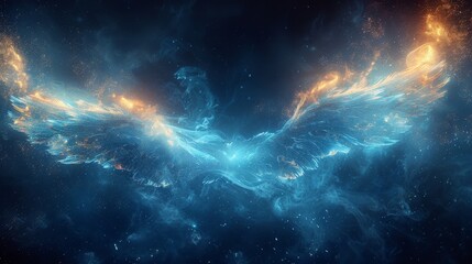 Fototapeta premium Abstract background with glowing blue light waves forming two symmetrical wings.