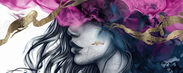 Fototapeta premium Enigmatic Beauty: A Stunning Fusion of Gold Leaf and Marble with Multicolored Ink Art Effects