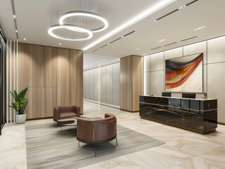 Modern office lobby with a double ring light fixture and a reception desk. Generative AI