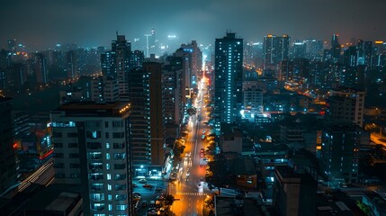 Naklejka premium Illuminated Skyline of a Bustling Metropolis at Night with Towering Skyscrapers and Busy Streets