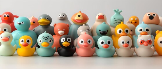 Obraz premium Bath Toys: A variety of colorful bath toys, including rubber ducks, boats, and animals, arranged closely together on a pristine white background. 