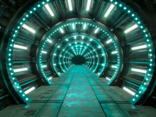 A long, metallic tunnel lit by circular neon lights. Generative AI