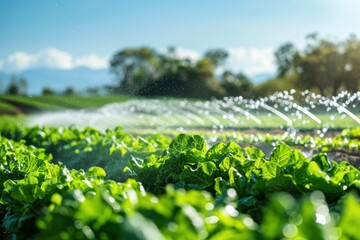 Sprinkler irrigation system watering a lush green farm with leafy crops under a clear blue sky
