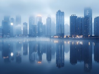 Fototapeta premium Misty Cityscape with Skyscrapers Reflecting in Calm River at Dawn