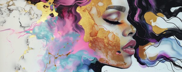 Elegance in Duality: A Woman's Face with Gold Leaf and Colorful Alcohol Ink