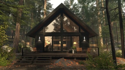 A cozy, modern cabin with a dark wood exterior, large windows, and a forest setting.