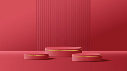 Realistic 3D cylinder stand pedestal Red Podiums,studio light and shadow minimal podiums scene with platform, stand to show cosmetic products, Stage showcase platform mockup or jewelry product display