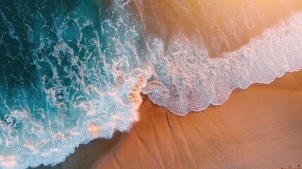 Aerial View of Waves Crashing on Sandy Beach