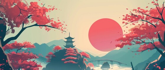 wallpaper flat design front view ukiyoe theme cartoon drawing Splitcomplementary color scheme