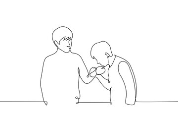 man sniffing man's hand - one line art vector. concept sensitive sense of smell, check by smell