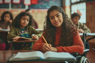A cheerful young girl in a wheelchair studying in a classroom with peers, highlighting inclusive education and positivity.