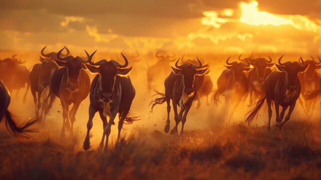 A herd of wildebeest running through the savanna at sunset. - Powered by Adobe