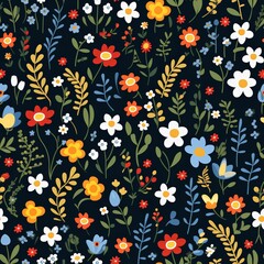Colorful floral seamless pattern with hand drawn flowers and leaves on dark background