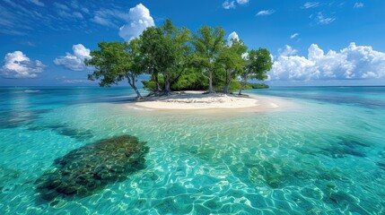 Fototapeta premium Island in the middle of the ocean with green trees and some side beach