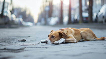 Dog lying on a city street with a sad expression, surrounded by blurred cars and trees. The pavement is cracked, and the overall atmosphere appears cold and melancholic