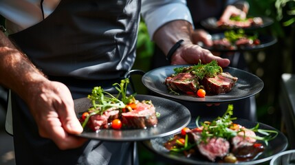 Chefs presenting gourmet meat dishes garnished with vegetables, creating a fine dining experience ideal for restaurant promotions.