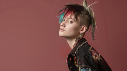 Nonbinary person with mohawk hairstyle dyed in multiple colors wearing black jacket with colorful patches against red background. They exude edgy alternative style with earrings and nose ring