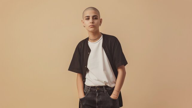 Bald nonbinary person standing confidently against beige background, hands in pockets. Wearing black short-sleeved shirt over white t-shirt with black jeans, accessorized with bracelets and earrings.
