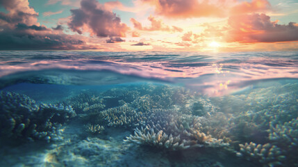 Fototapeta premium Underwater view of coral reef with vibrant corals and sunlight breaking through ocean surface at sunset. The image captures beauty of marine life and serene ambiance of underwater world
