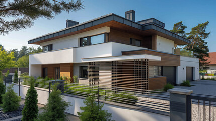 Fototapeta premium Elegant modern house with stylish metal fence in Darlowo, Poland