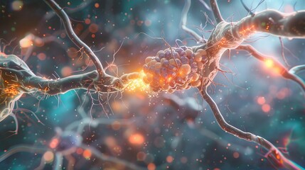 Digital illustration of a neuron firing, showing the synapse and neurotransmitters