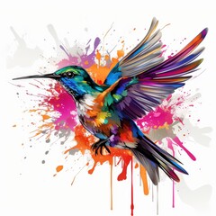 Obraz premium Colorful hummingbird with vibrant watercolor splashes in flight