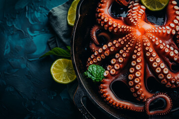 Naklejka premium Close-up of the chef's hand holding octopus tentacles in an iron pan, 