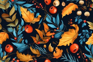 Colorful leaves and berries on a dark blue background