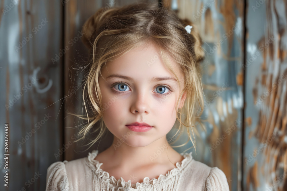 Sticker a little girl with blue eyes looking at the camera.