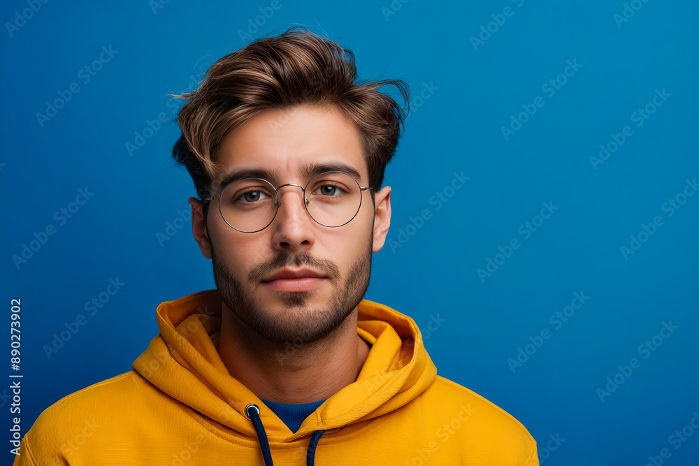 Wall mural a man wearing a yellow hoodie and glasses.