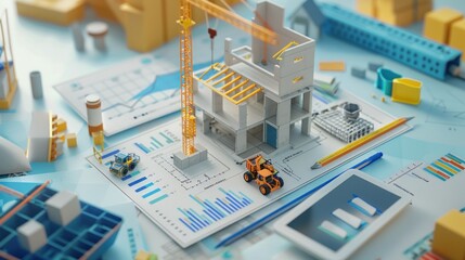 Generate a photo realistic image of a construction project featuring a detailed financial breakdown with charts and budgeting tools; ensure the image is of high resolution for clear
