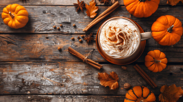 a spiced pumpkin latte, topped with whipped cream and a sprinkle of pumpkin pie spice, surrounded by small pumpkins and cinnamon stick