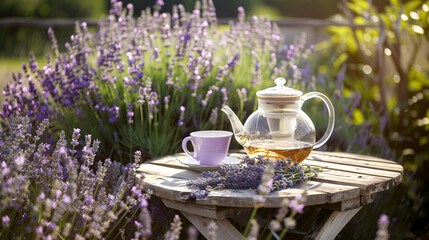 a lavender milk tea, served in a clear teapot and teacup, on a small wooden table surrounded by lavender plants in bloom