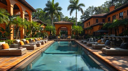 Professional networking event flyer featuring an open area resort with poolside bar with a writing space in the center for event details and networking wishes