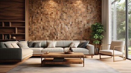 Modern Living Room with Wooden Accent Wall and Cozy Furniture in Natural Light