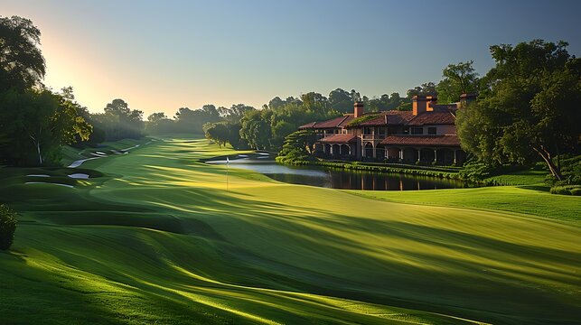 Professional networking event flyer featuring an open area golf course with clubhouses with a writing space in the center for event details and networking wishes