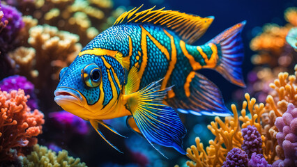 Macro photograph of vibrant colored fish nestled among the corals of a sea reef. Close up view revea - Generative AI technology