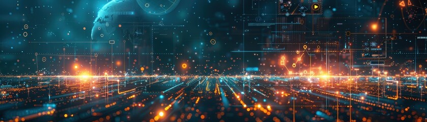 Fototapeta premium A whimsical scene of an internet of things IoT network with interconnected devices glowing with data