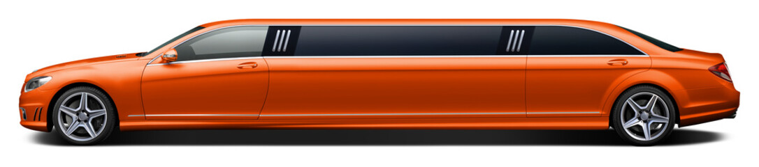 Modern orange limousine on a transparent background in png format.