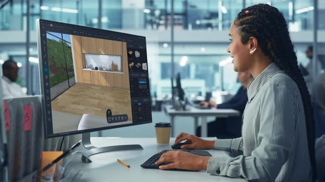 Young African Female Interior Designer Using Advanced 3D Modeling Software to Create Detailed Room Layouts in a Modern House. Architect Sketching a Living Room with Furniture on a Computer in Office