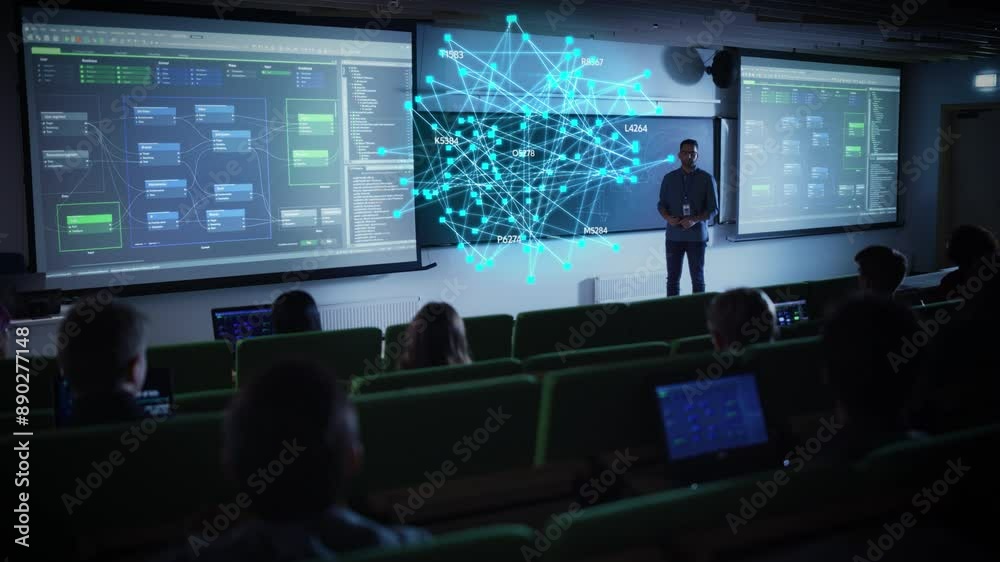 Poster Teacher Lectures on AI with Futuristic Holographic Interface and Data Visualization. Teaching Diverse Students in a Modern Classroom. Interactive Presentation Highlights Advanced Technology Topics