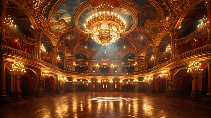 Fototapeta premium Prestigious award ceremony flyer depicting an open area opera house with chandeliers with a writing space on the right side for congratulatory wishes and ceremony information