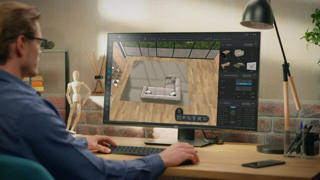 Male Interior Designer Using Professional 3D Modeling Software on a Computer to Create a Modern Living Room Layout with Sofa and a Table. Over the Shoulder Footage of a Creative Person at Work