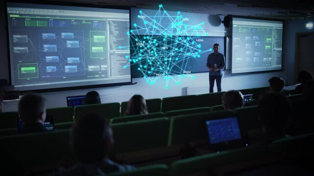 Teacher Lectures on AI with Futuristic Holographic Interface and Data Visualization. Teaching Diverse Students in a Modern Classroom. Interactive Presentation Highlights Advanced Technology Topics - Powered by Adobe