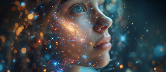 Double exposure, beautiful girl and the universe